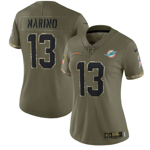 Women's Miami Dolphins #13 Dan Marino 2022 Olive Salute To Service Limited Stitched Jersey(Run Small)
